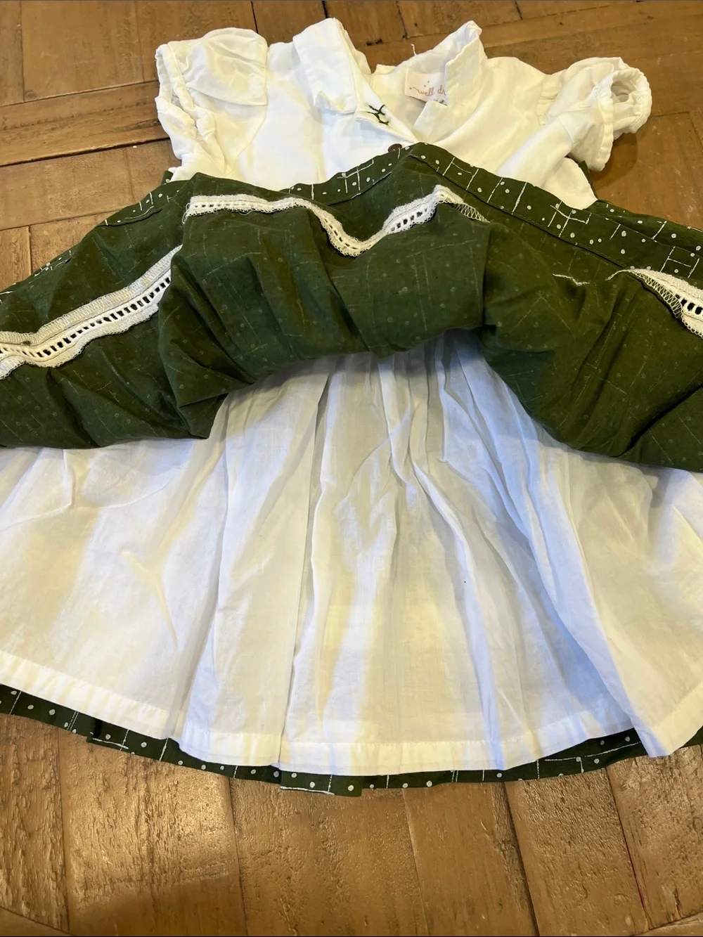 Well dressed wolf collared fit and flare twirl dress green white 2T